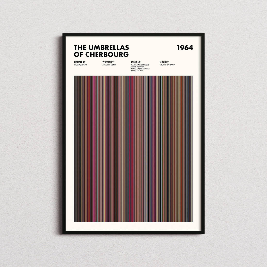The Umbrellas of Cherbourg Movie Barcode Poster framed on a plain studio wall