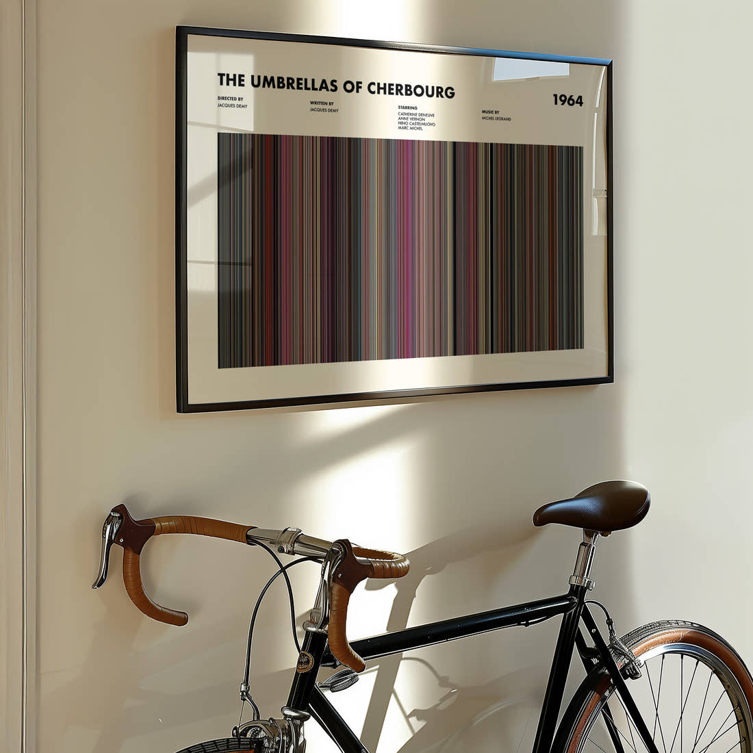 The Umbrellas of Cherbourg Movie Barcode Poster framed on the wall of a styled room setting