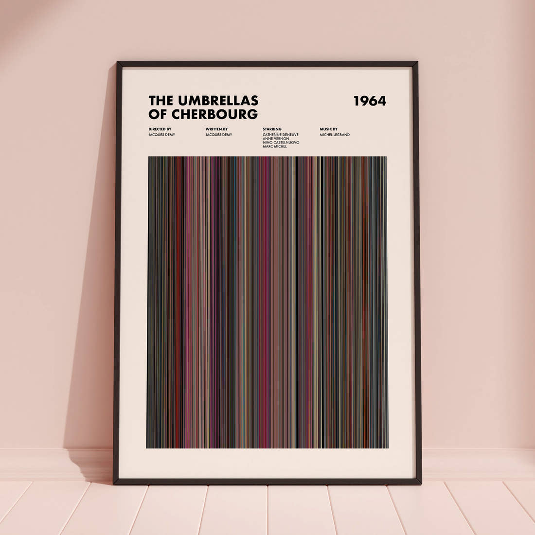 The Umbrellas of Cherbourg Movie Barcode Poster framed and leaning against a coloured wall
