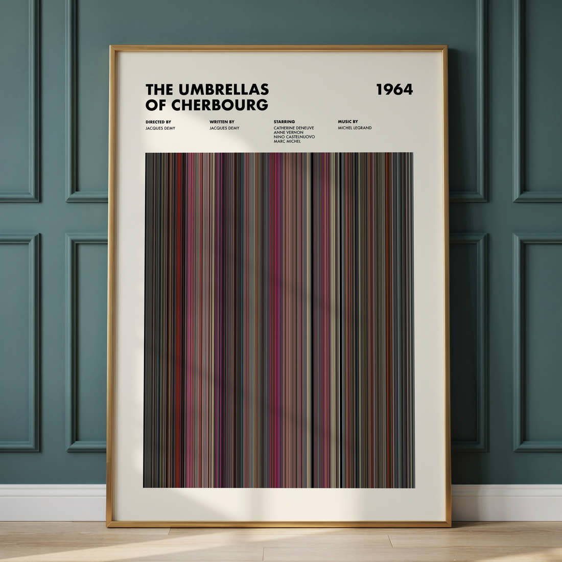The Umbrellas of Cherbourg Movie Barcode Poster framed and leaning against a panelled wall
