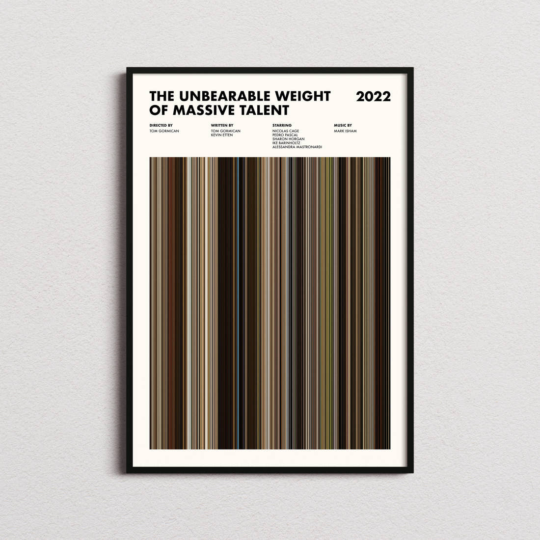 The Unbearable Weight Of Massive Talent Movie Barcode Poster framed on a plain studio wall