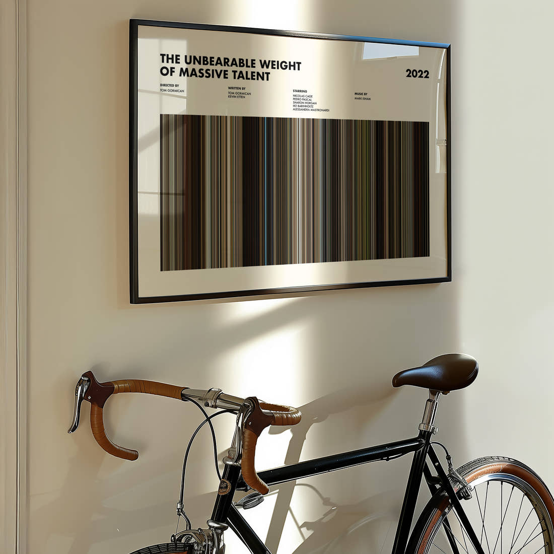 The Unbearable Weight Of Massive Talent Movie Barcode Poster framed on the wall of a styled room setting