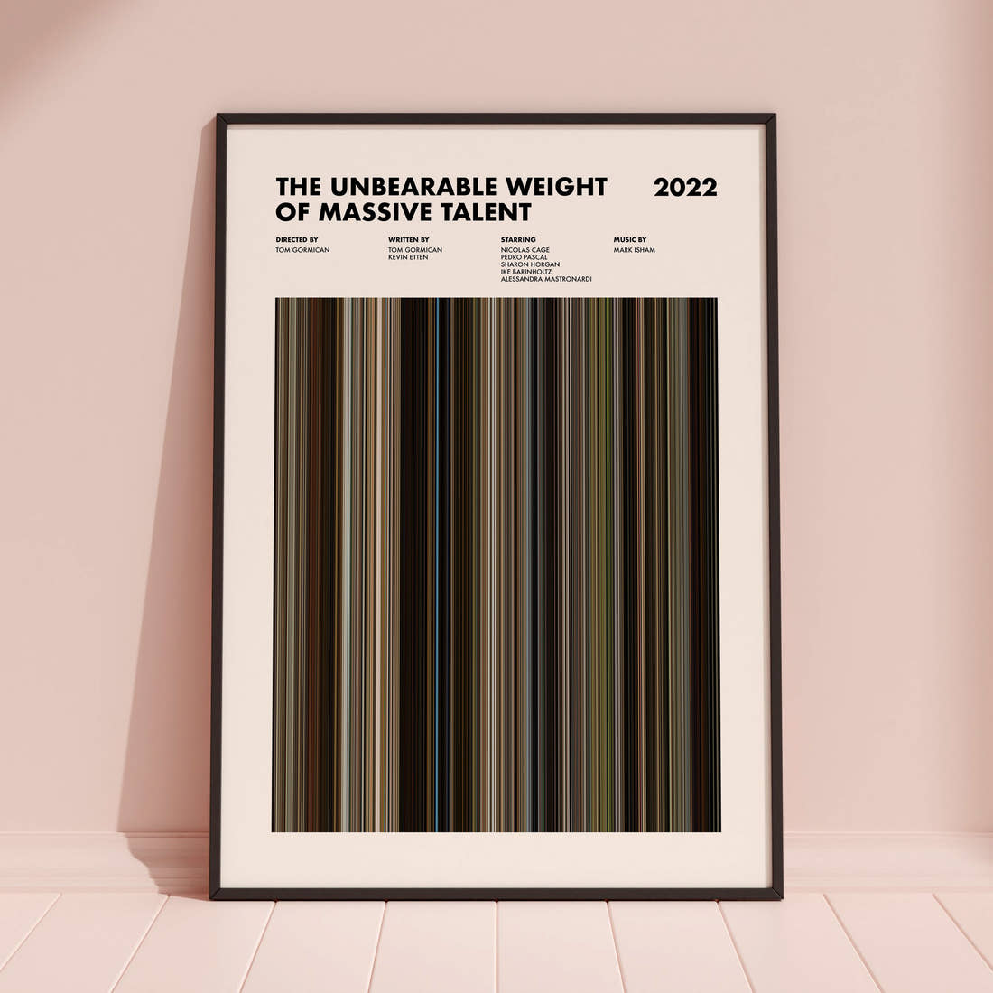 The Unbearable Weight Of Massive Talent Movie Barcode Poster framed and leaning against a coloured wall