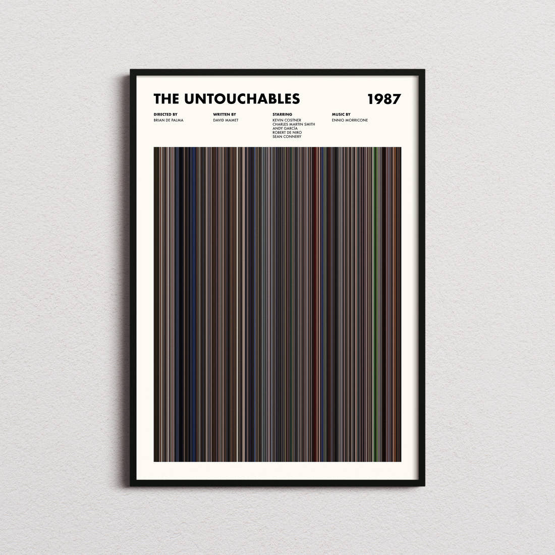 The Untouchables Movie Barcode Poster framed on a plain studio wall