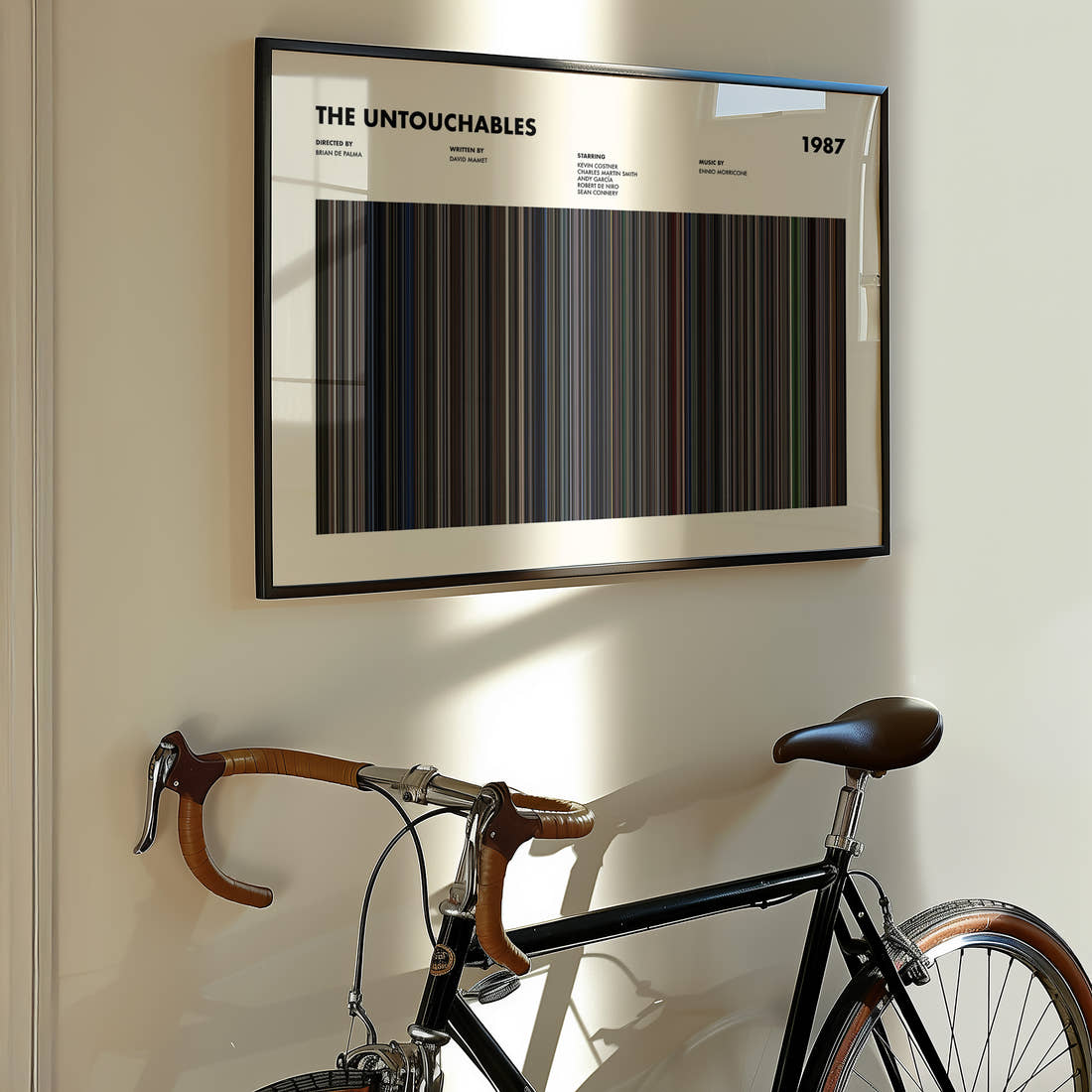 The Untouchables Movie Barcode Poster framed on the wall of a styled room setting