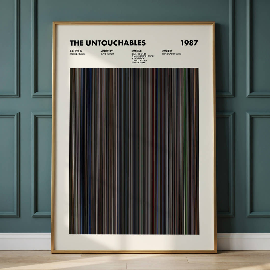 The Untouchables Movie Barcode Poster framed and leaning against a panelled wall