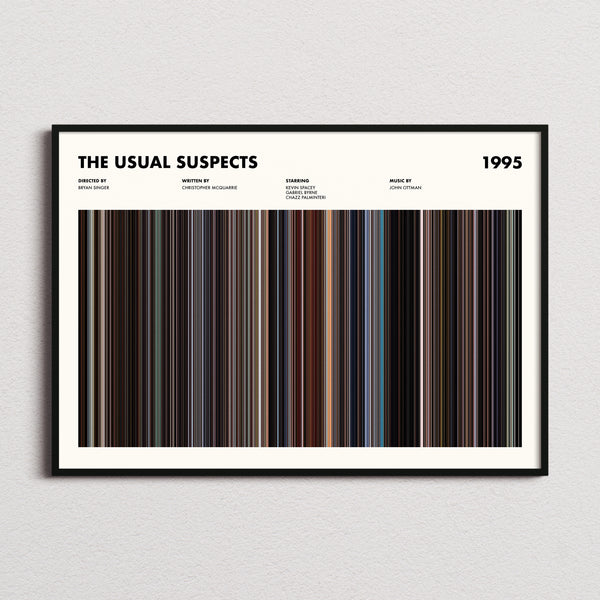 The Usual Suspects Movie Barcode Poster framed and photographed straight on
