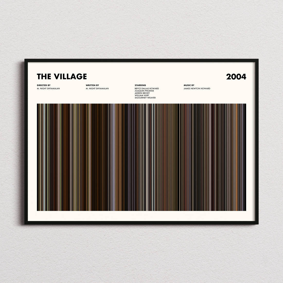 The Village Movie Barcode Poster framed and photographed straight on