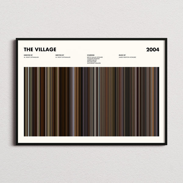 The Village Movie Barcode Poster framed and photographed straight on