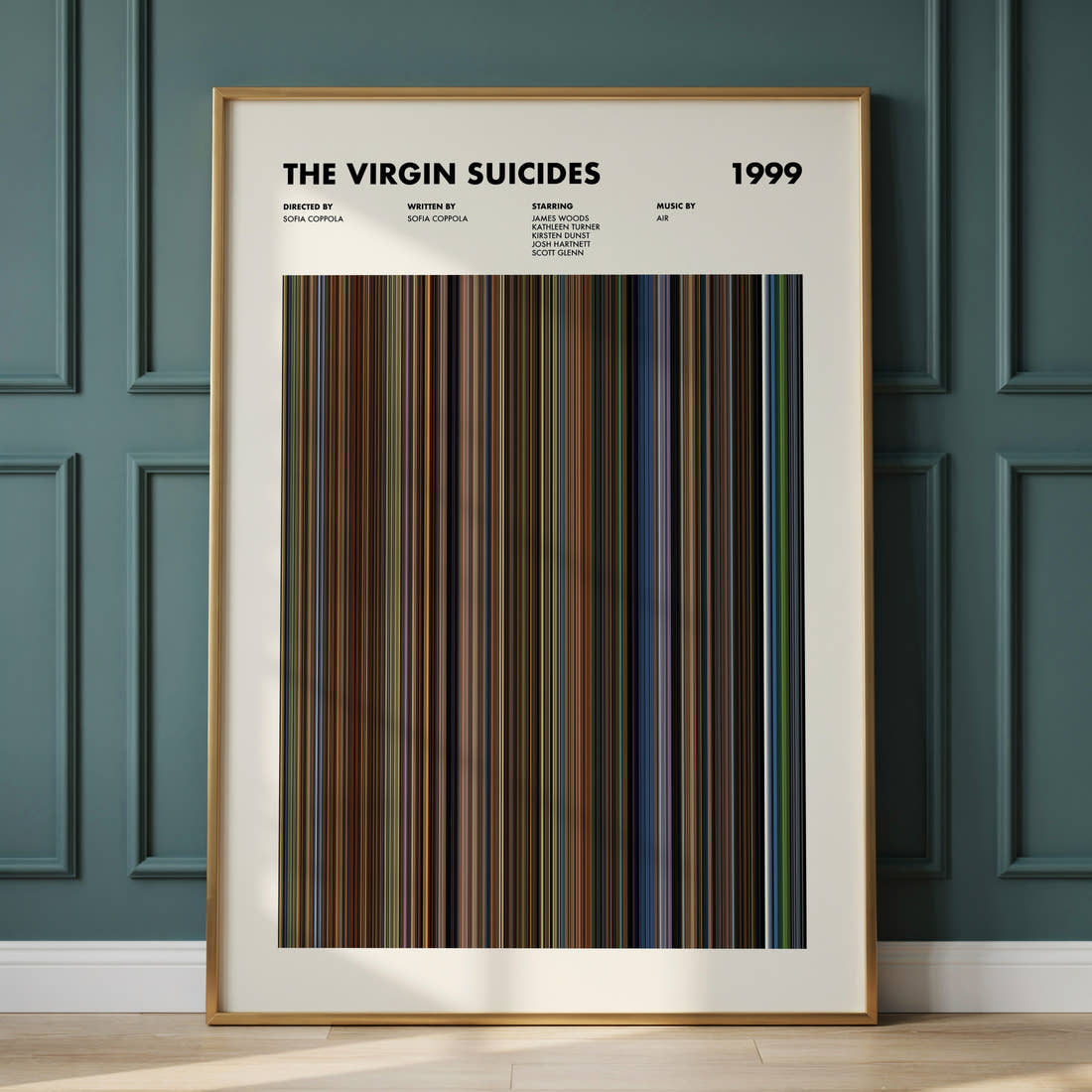The Virgin Suicides Movie Barcode Poster framed and leaning against a panelled wall