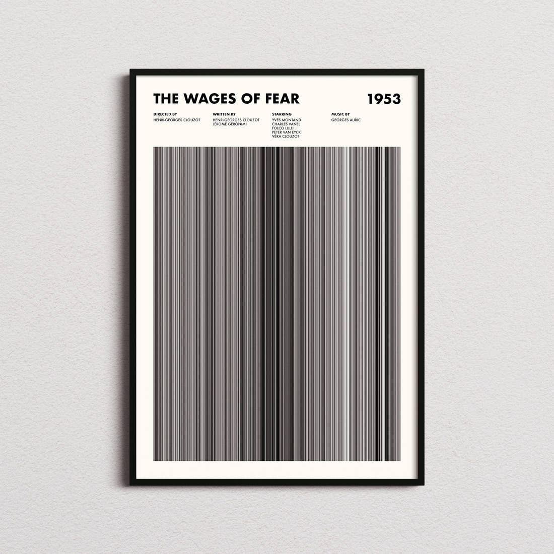 The Wages Of Fear Movie Barcode Poster framed on a plain studio wall