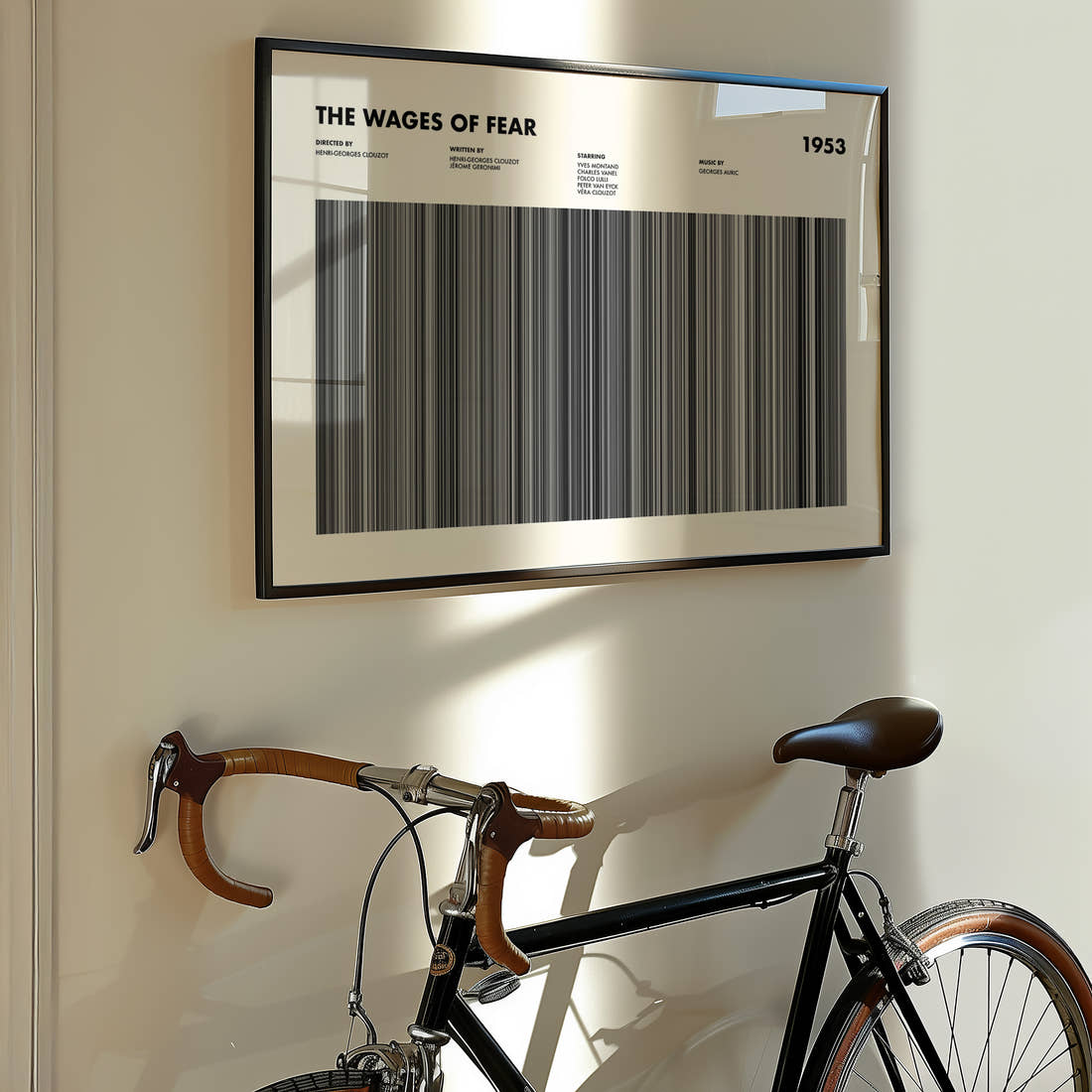 The Wages Of Fear Movie Barcode Poster framed on the wall of a styled room setting