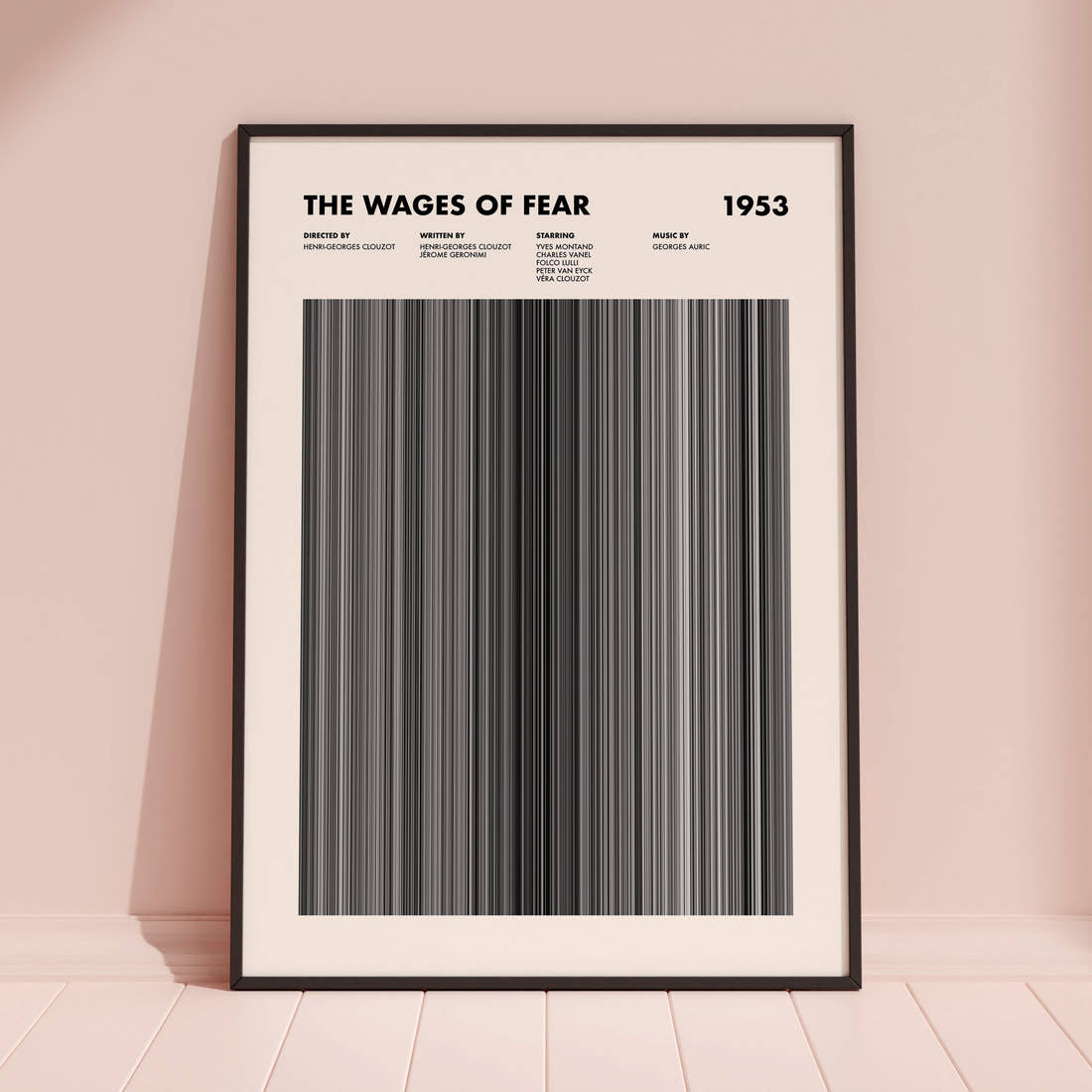 The Wages Of Fear Movie Barcode Poster framed and leaning against a coloured wall