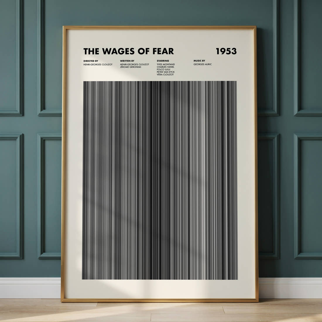 The Wages Of Fear Movie Barcode Poster framed and leaning against a panelled wall