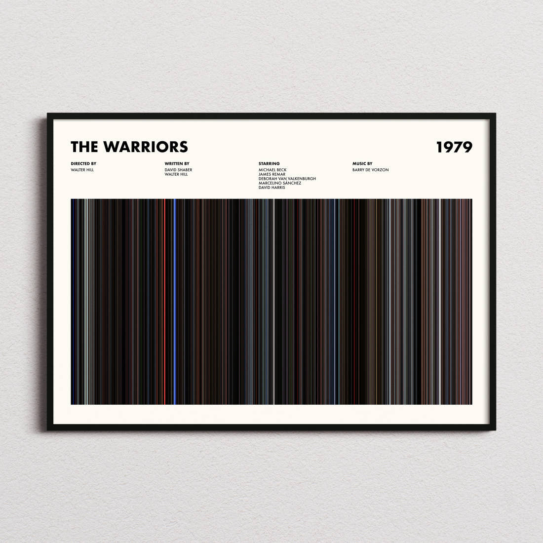 The Warriors Movie Barcode Poster framed and photographed straight on