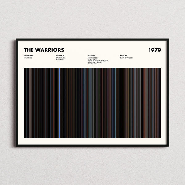 The Warriors Movie Barcode Poster framed and photographed straight on