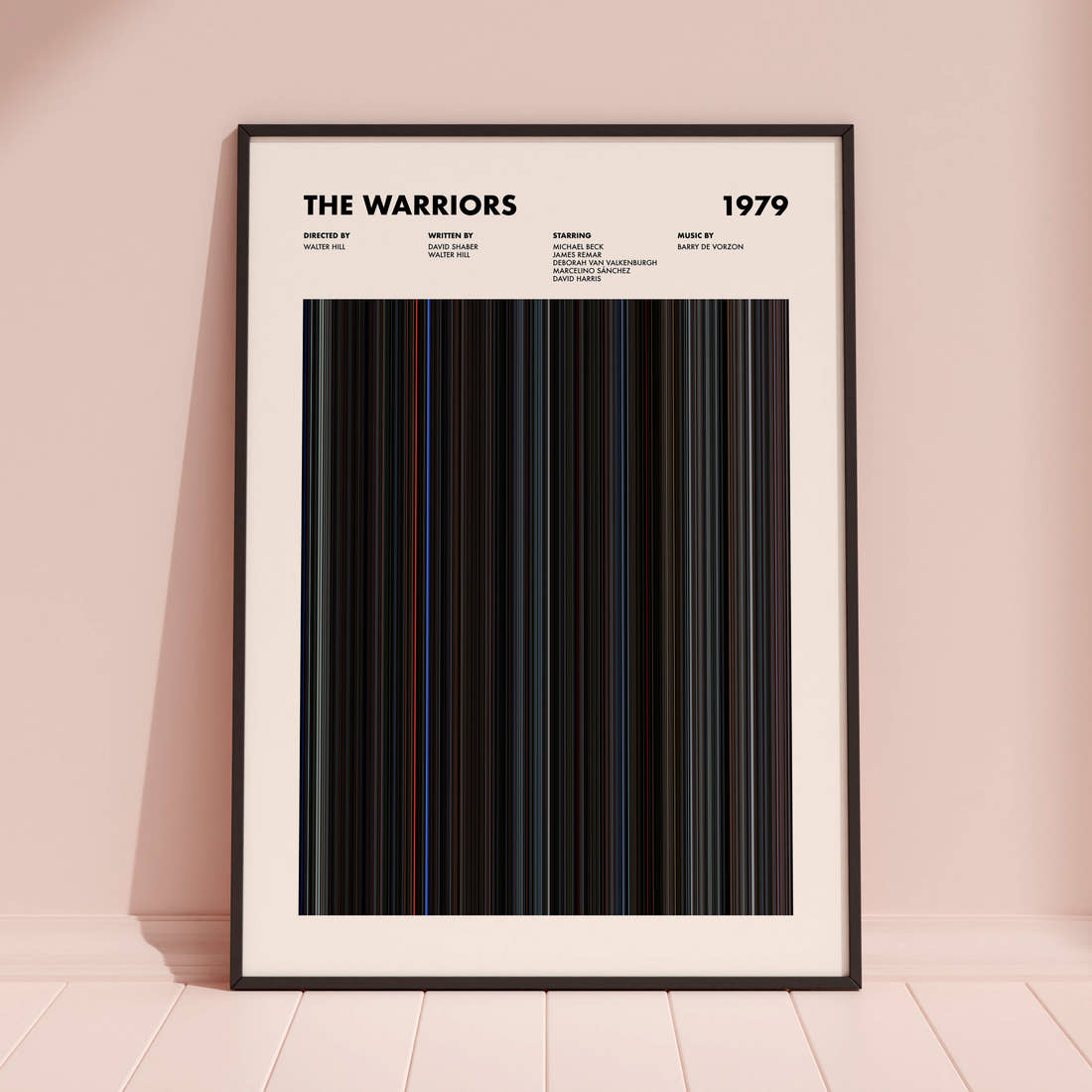 The Warriors Movie Barcode Poster framed and leaning against a coloured wall