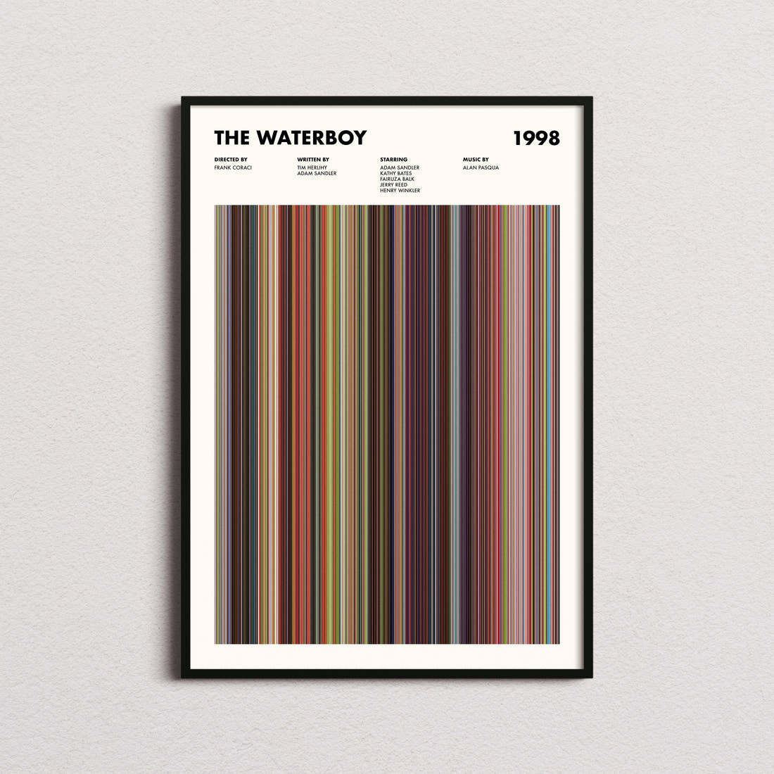 The Waterboy Movie Barcode Poster framed on a plain studio wall