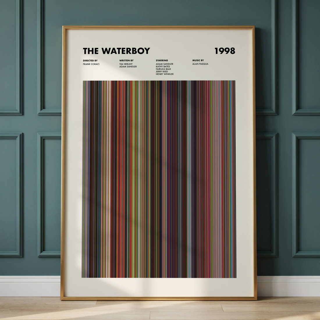 The Waterboy Movie Barcode Poster framed and leaning against a panelled wall