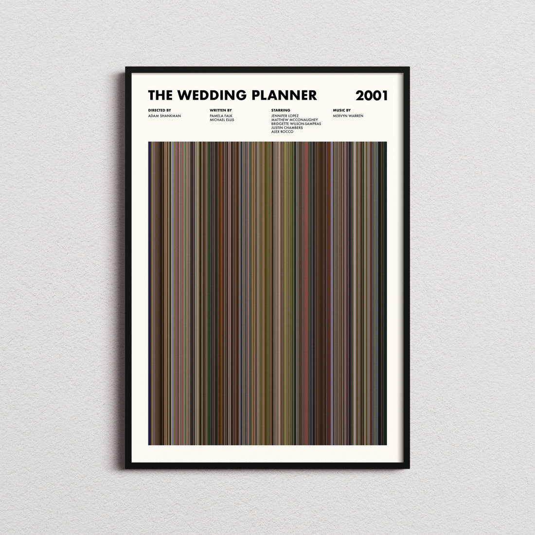 The Wedding Planner Movie Barcode Poster framed on a plain studio wall