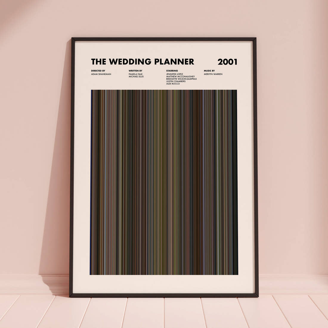 The Wedding Planner Movie Barcode Poster framed and leaning against a coloured wall