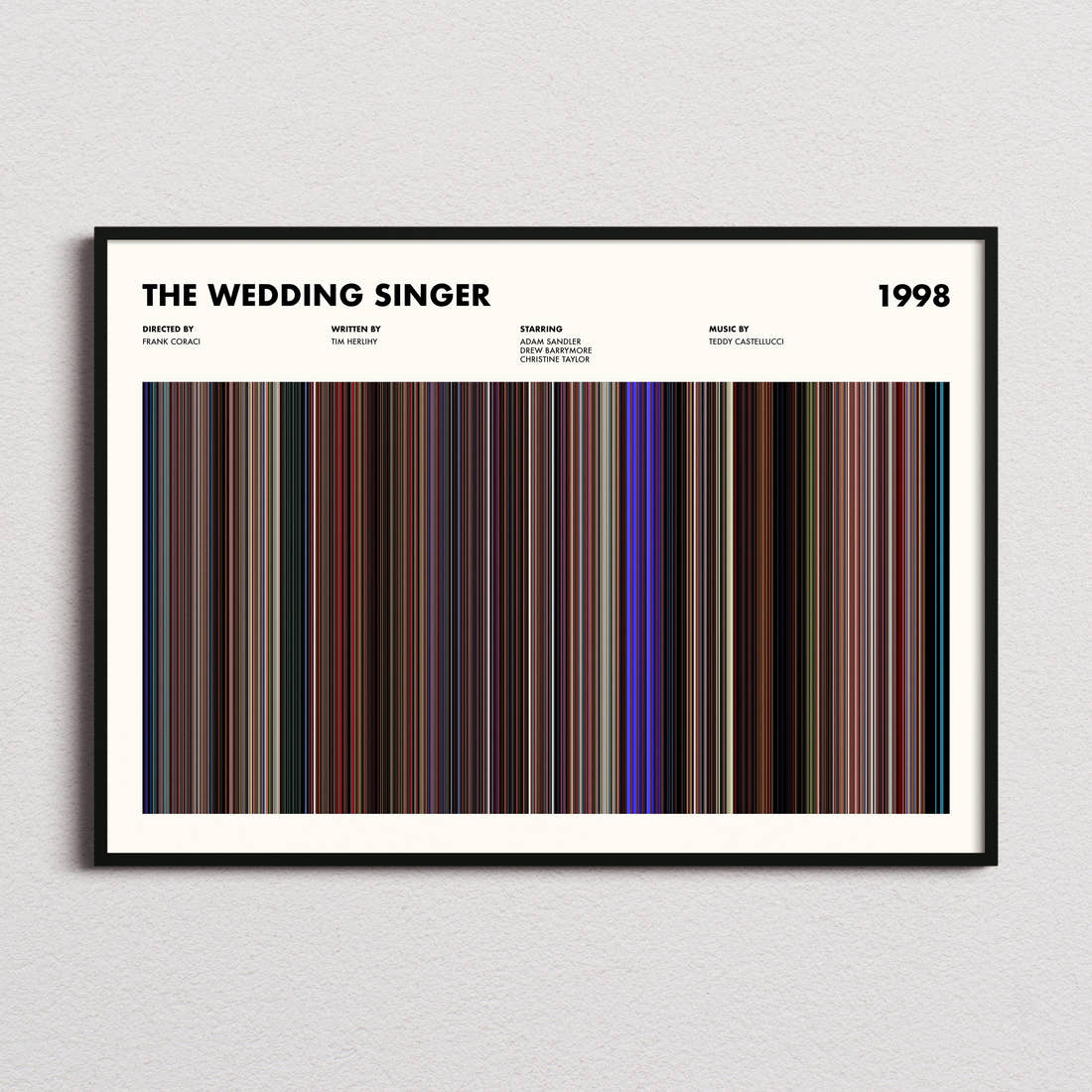 The Wedding Singer Movie Barcode Poster framed and photographed straight on