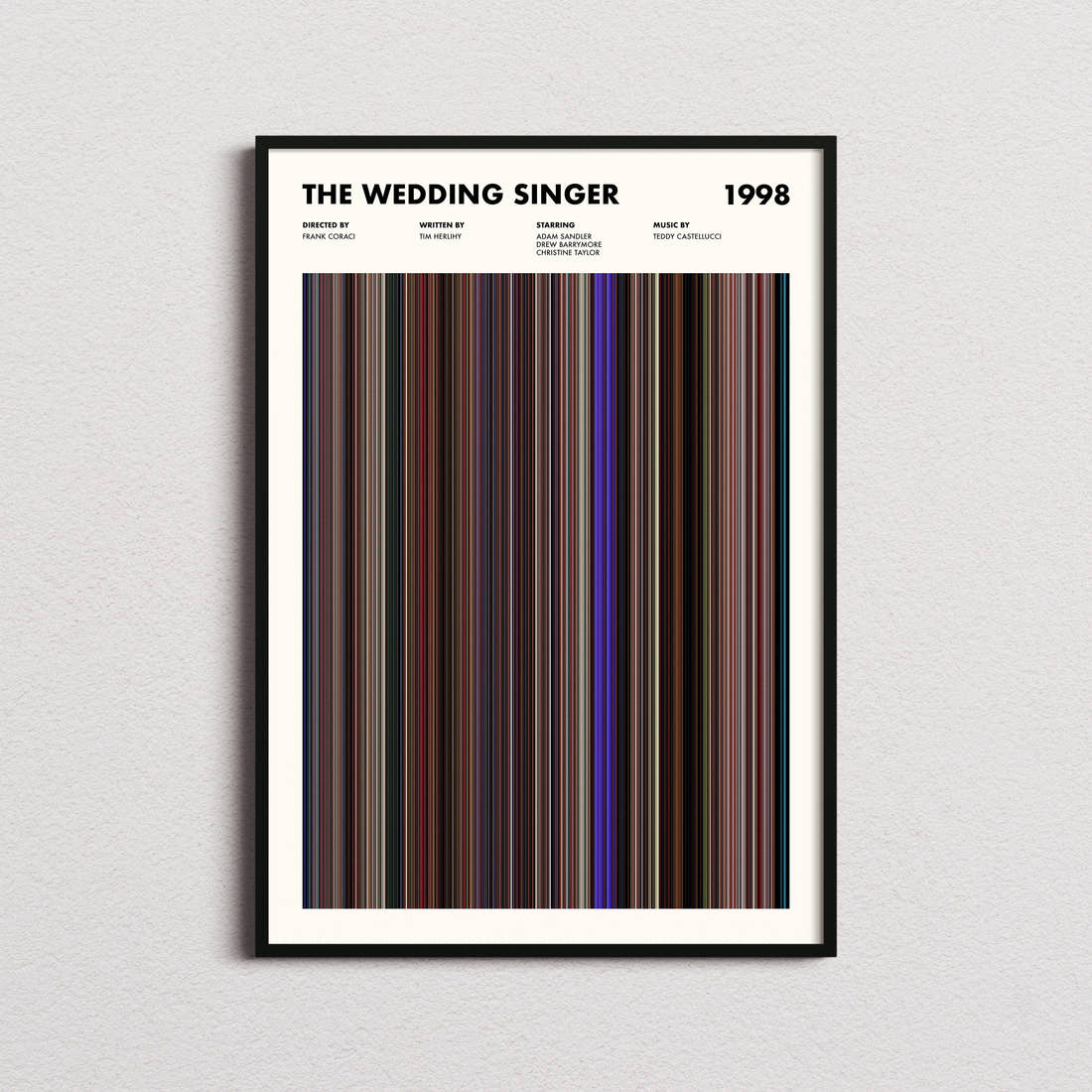 The Wedding Singer Movie Barcode Poster framed on a plain studio wall