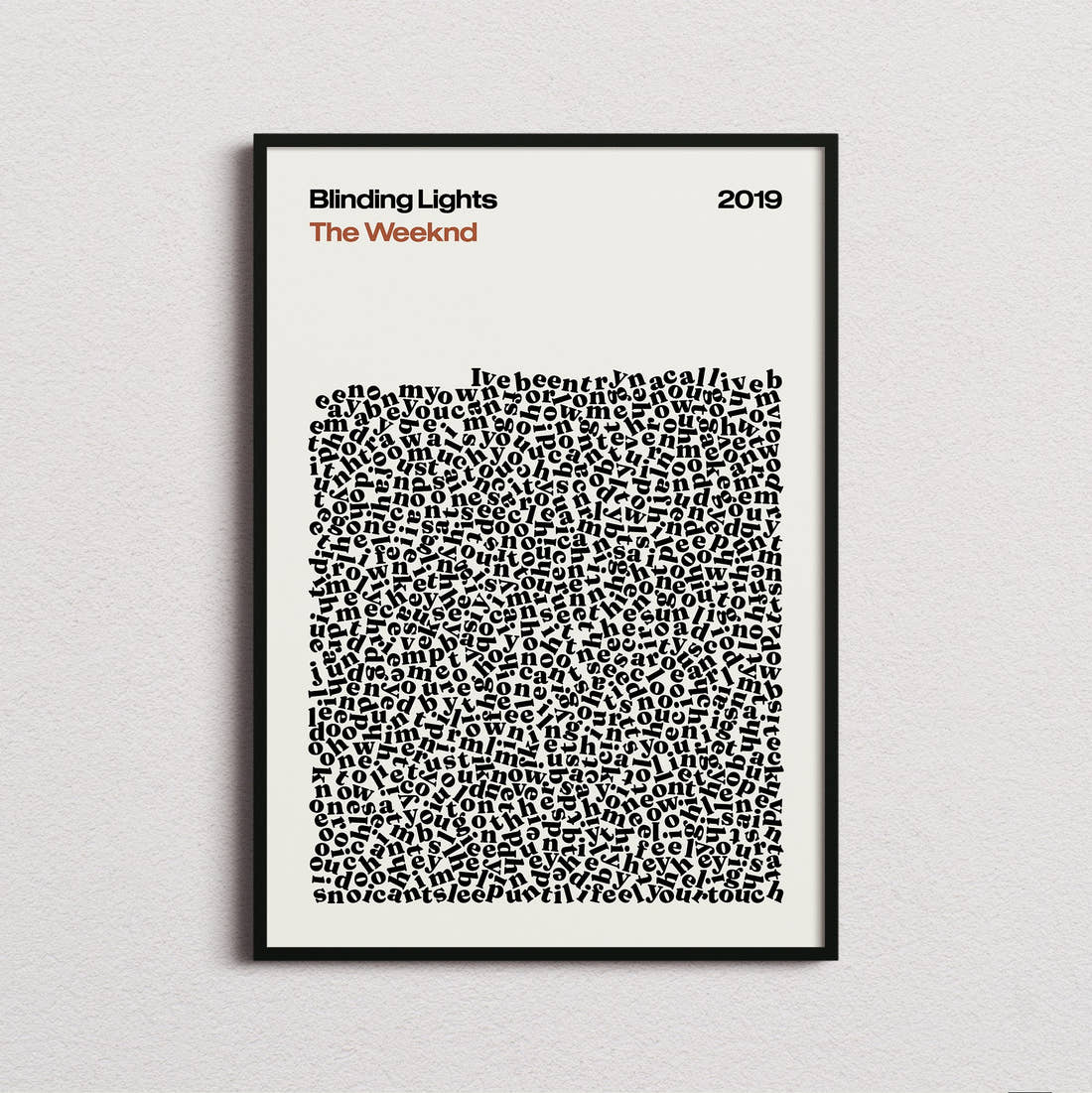 The Weeknd Blinding Lights Lyric Print in the cream colourway, framed
