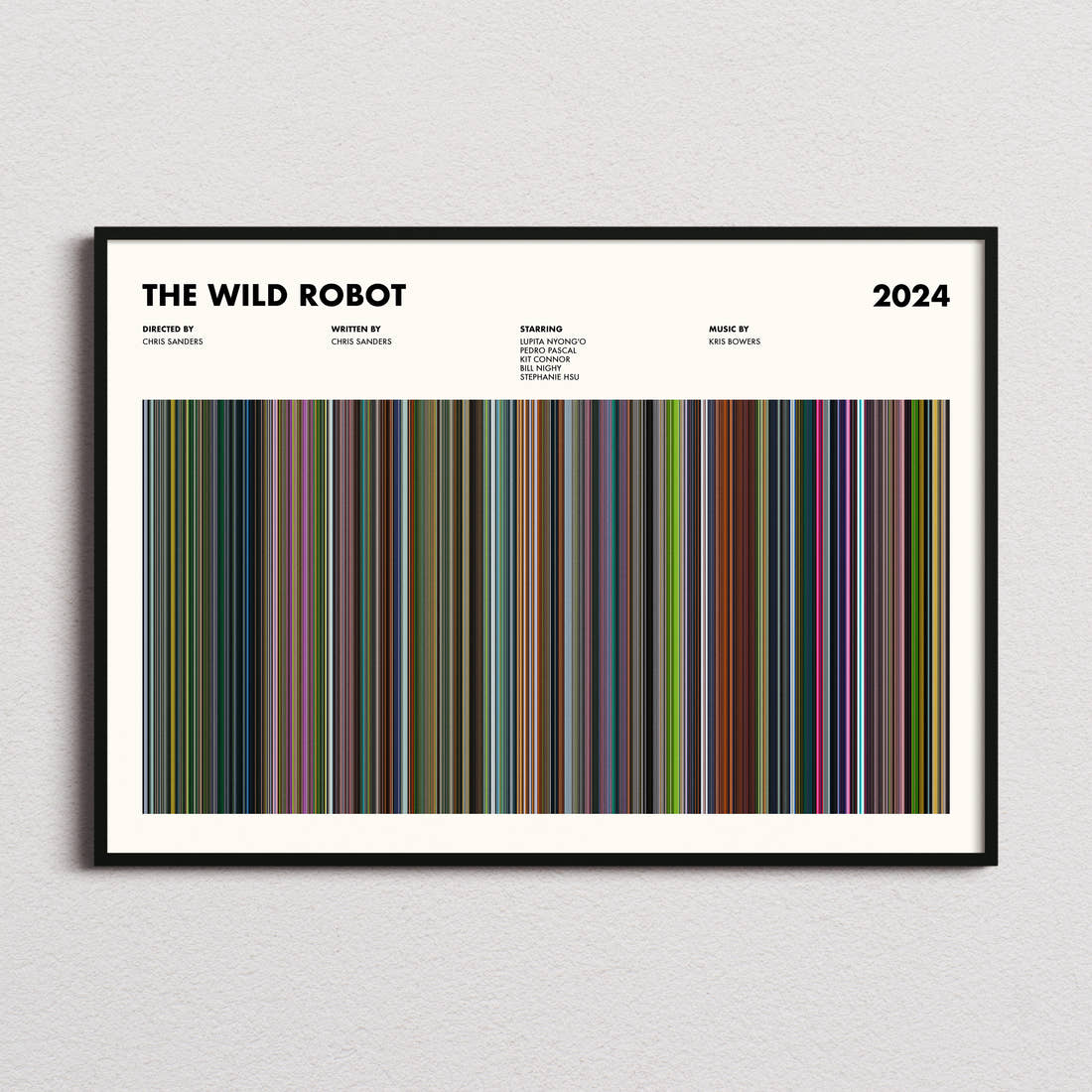 The Wild Robot Movie Barcode Poster framed and photographed straight on