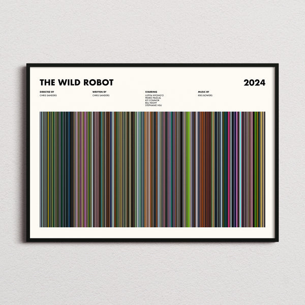The Wild Robot Movie Barcode Poster framed and photographed straight on