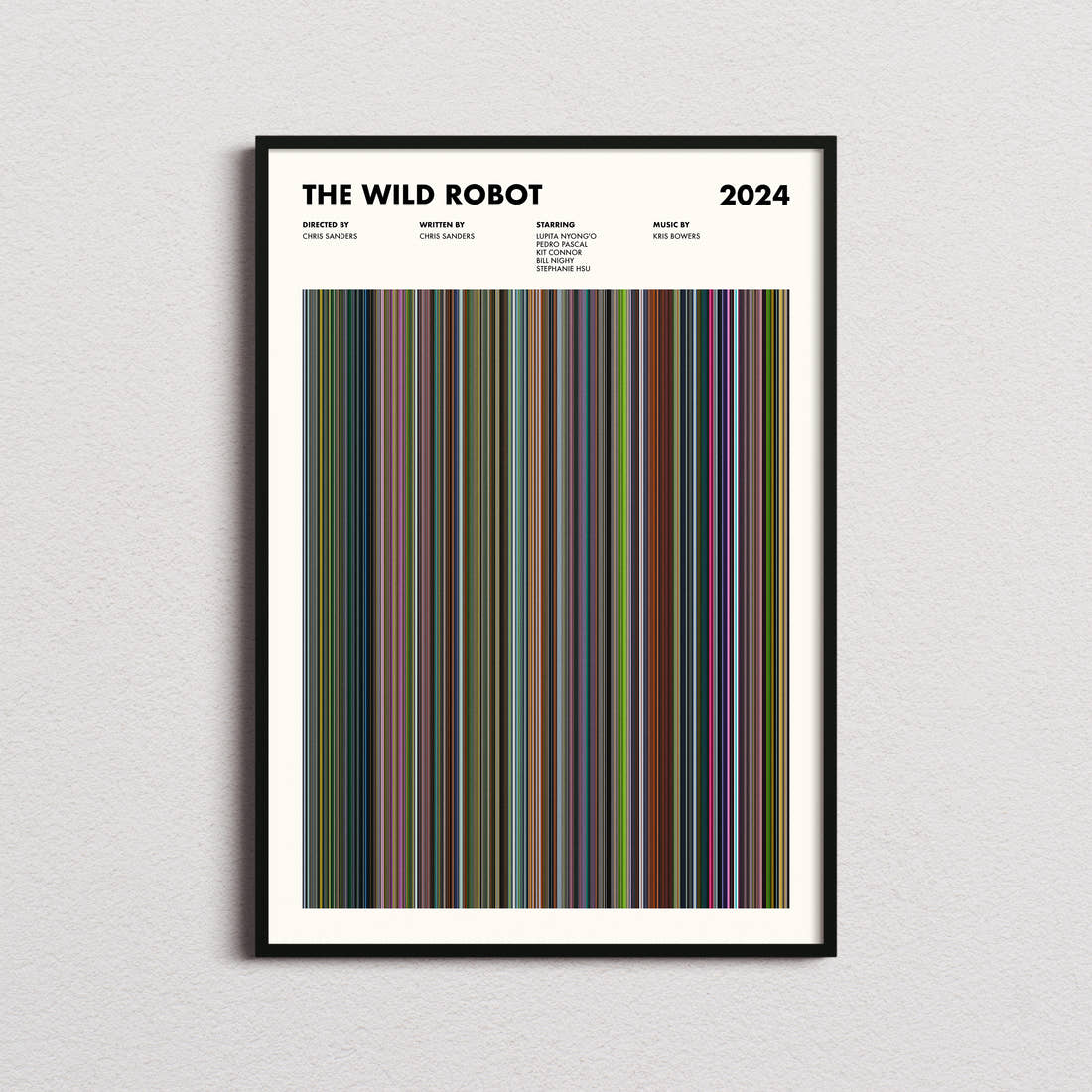 The Wild Robot Movie Barcode Poster framed on a plain studio wall