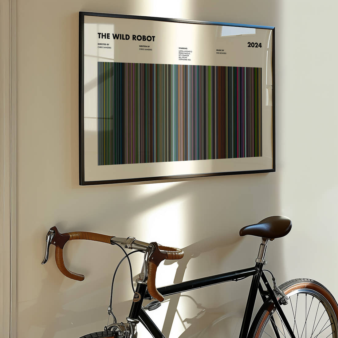 The Wild Robot Movie Barcode Poster framed on the wall of a styled room setting