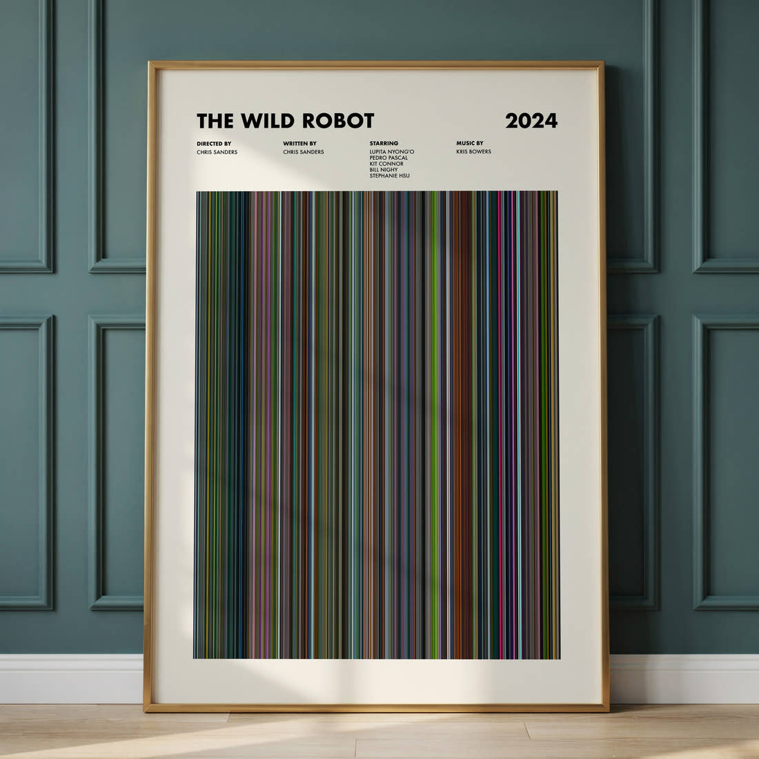 The Wild Robot Movie Barcode Poster framed and leaning against a panelled wall