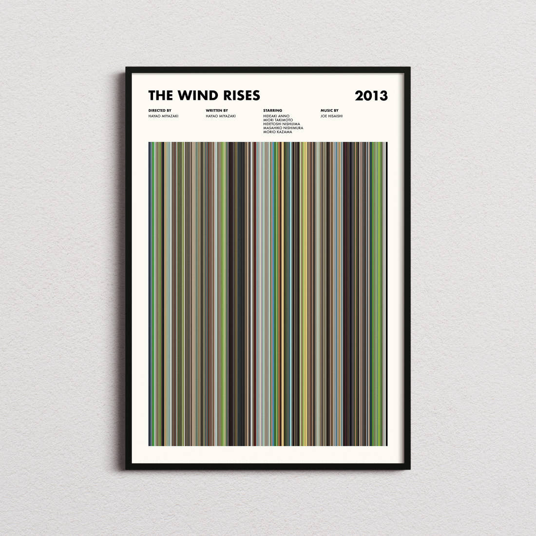 The Wind Rises Movie Barcode Poster framed on a plain studio wall
