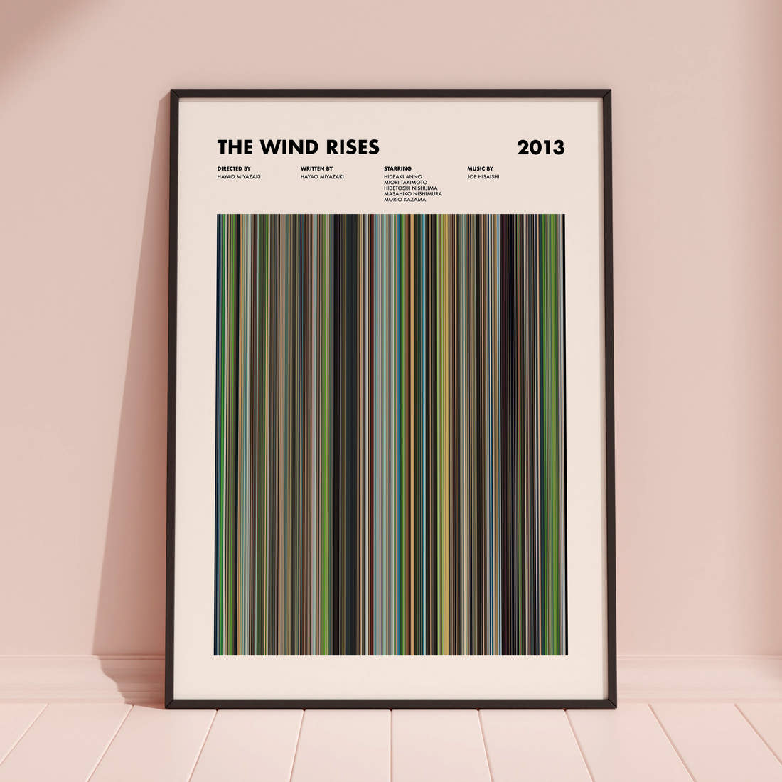 The Wind Rises Movie Barcode Poster framed and leaning against a coloured wall