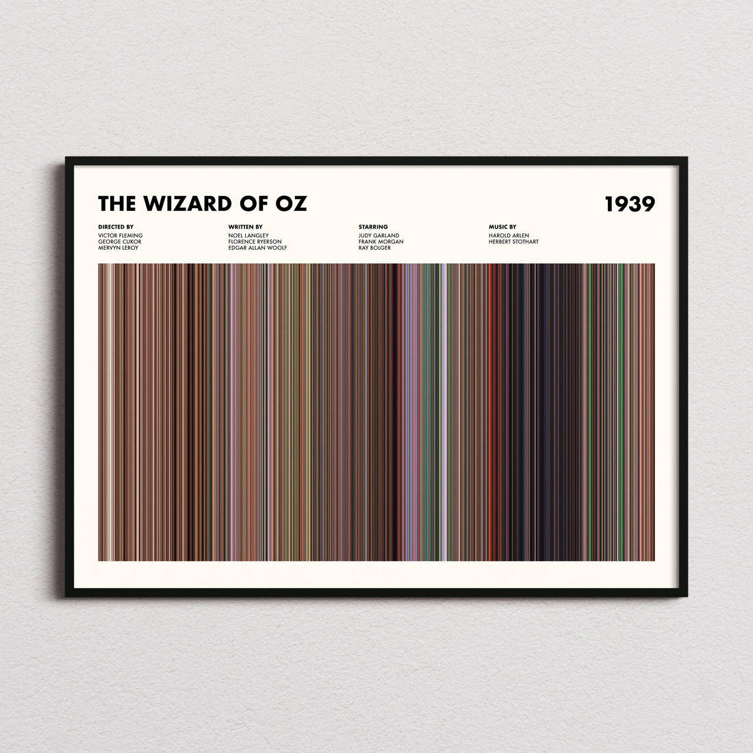 The Wizard Of Oz Movie Barcode Poster framed and photographed straight on