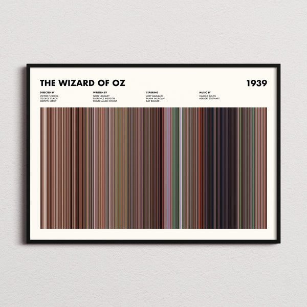 The Wizard Of Oz Movie Barcode Poster framed and photographed straight on