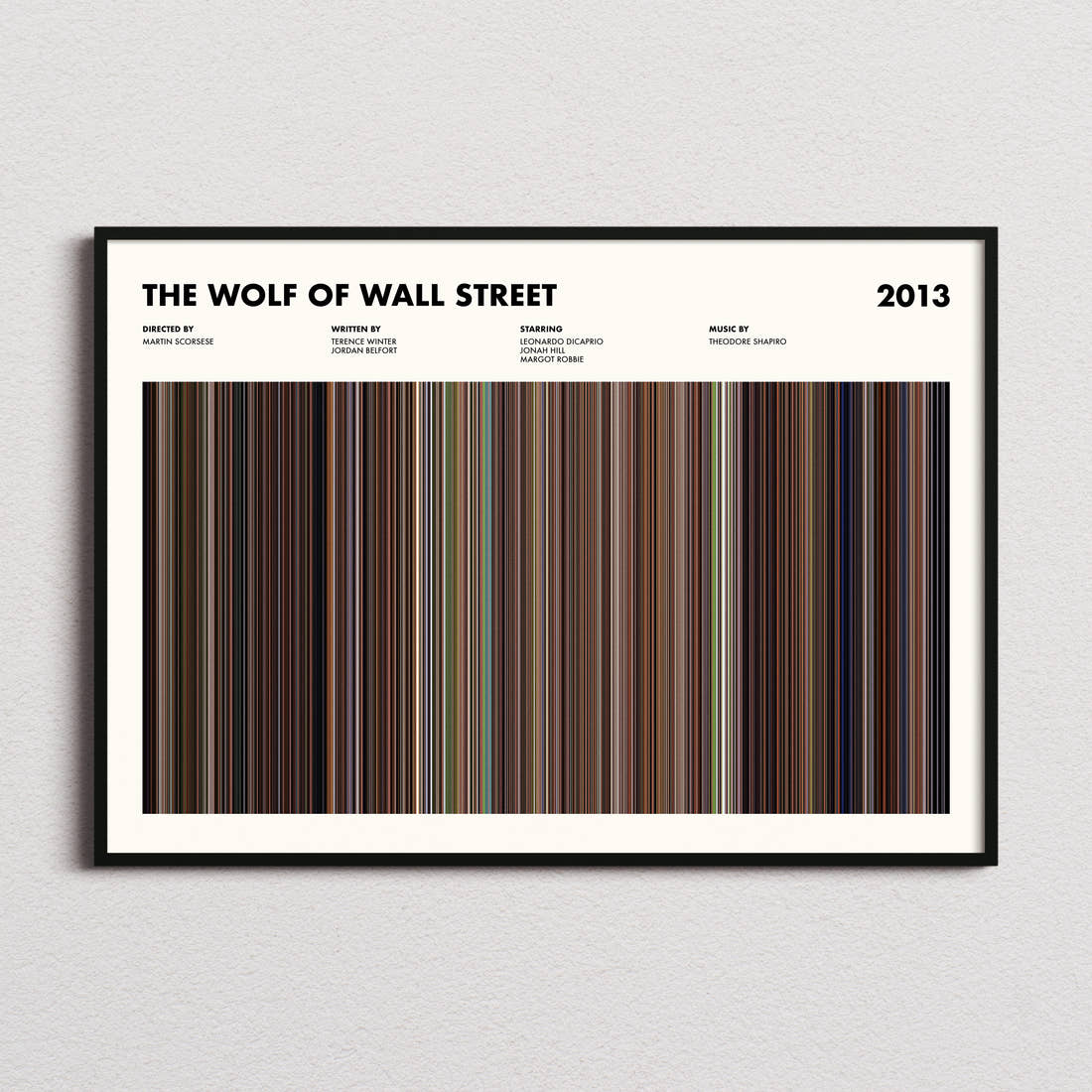 The Wolf Of Wall Street Movie Barcode Poster framed and photographed straight on
