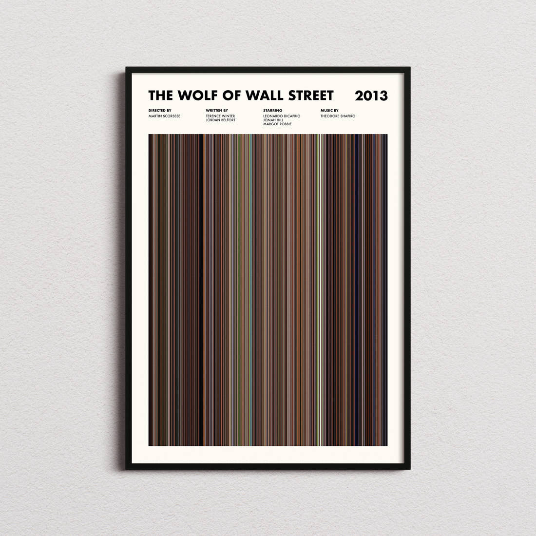 The Wolf Of Wall Street Movie Barcode Poster framed on a plain studio wall