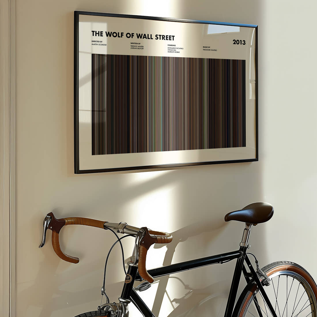 The Wolf Of Wall Street Movie Barcode Poster framed on the wall of a styled room setting