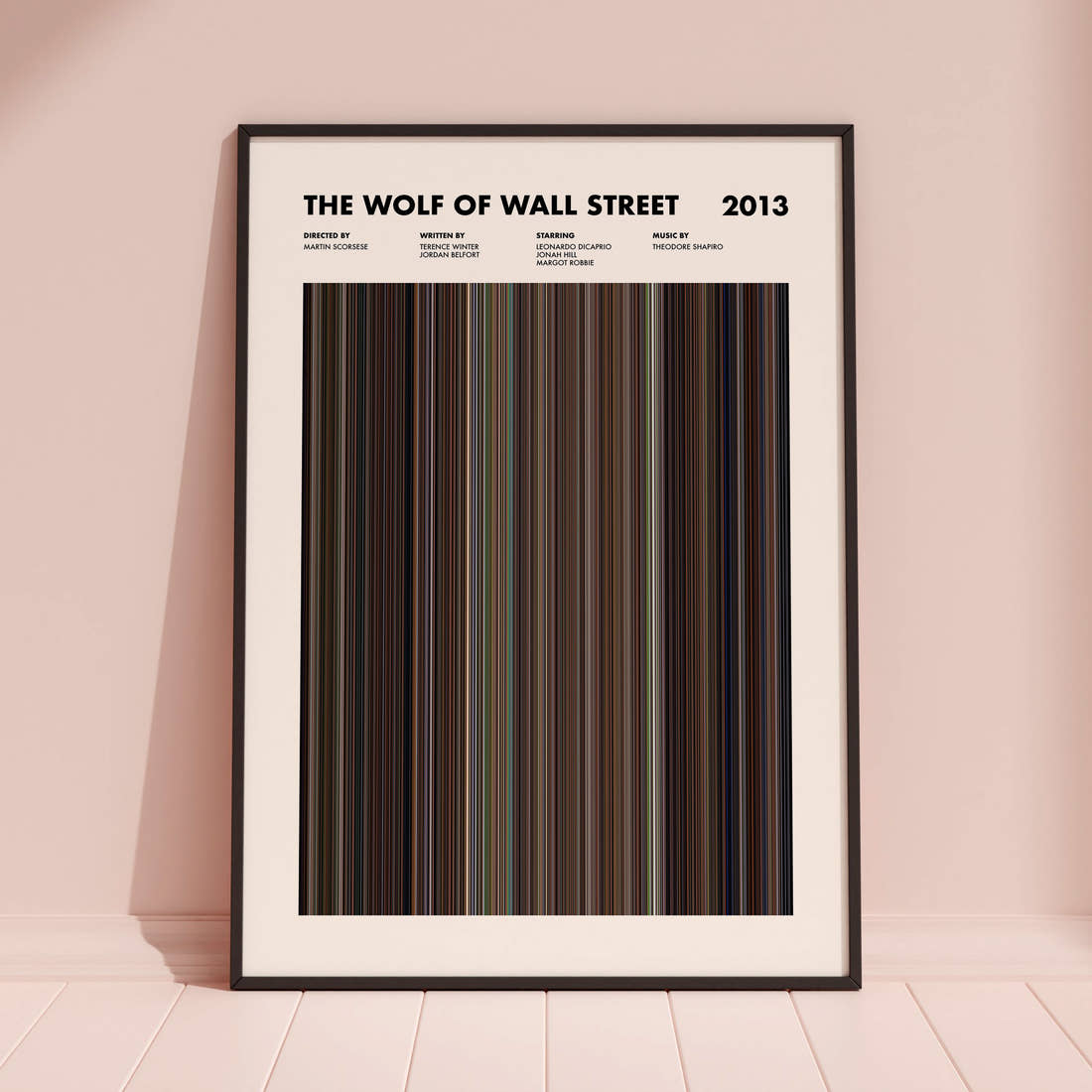 The Wolf Of Wall Street Movie Barcode Poster framed and leaning against a coloured wall