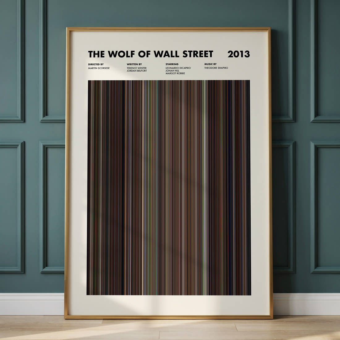 The Wolf Of Wall Street Movie Barcode Poster framed and leaning against a panelled wall