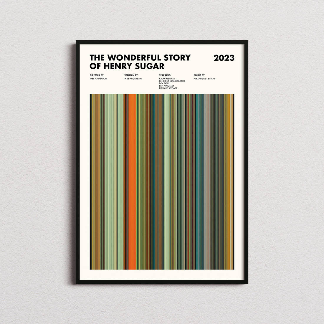 The Wonderful Story of Henry Sugar Movie Barcode Poster framed on a plain studio wall