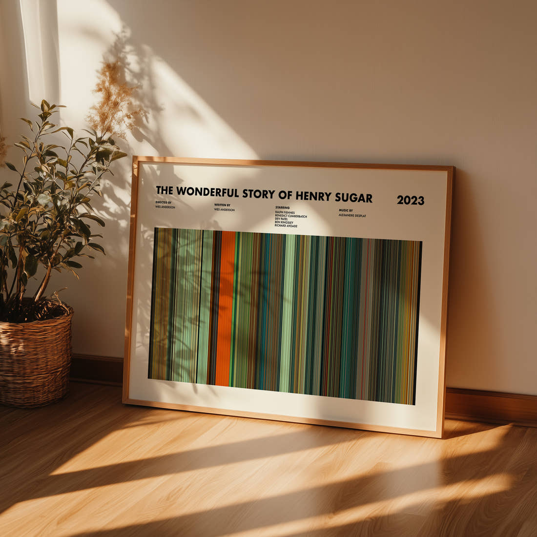 The Wonderful Story of Henry Sugar Movie Barcode Poster framed and leaning against a wall on a wooden floor