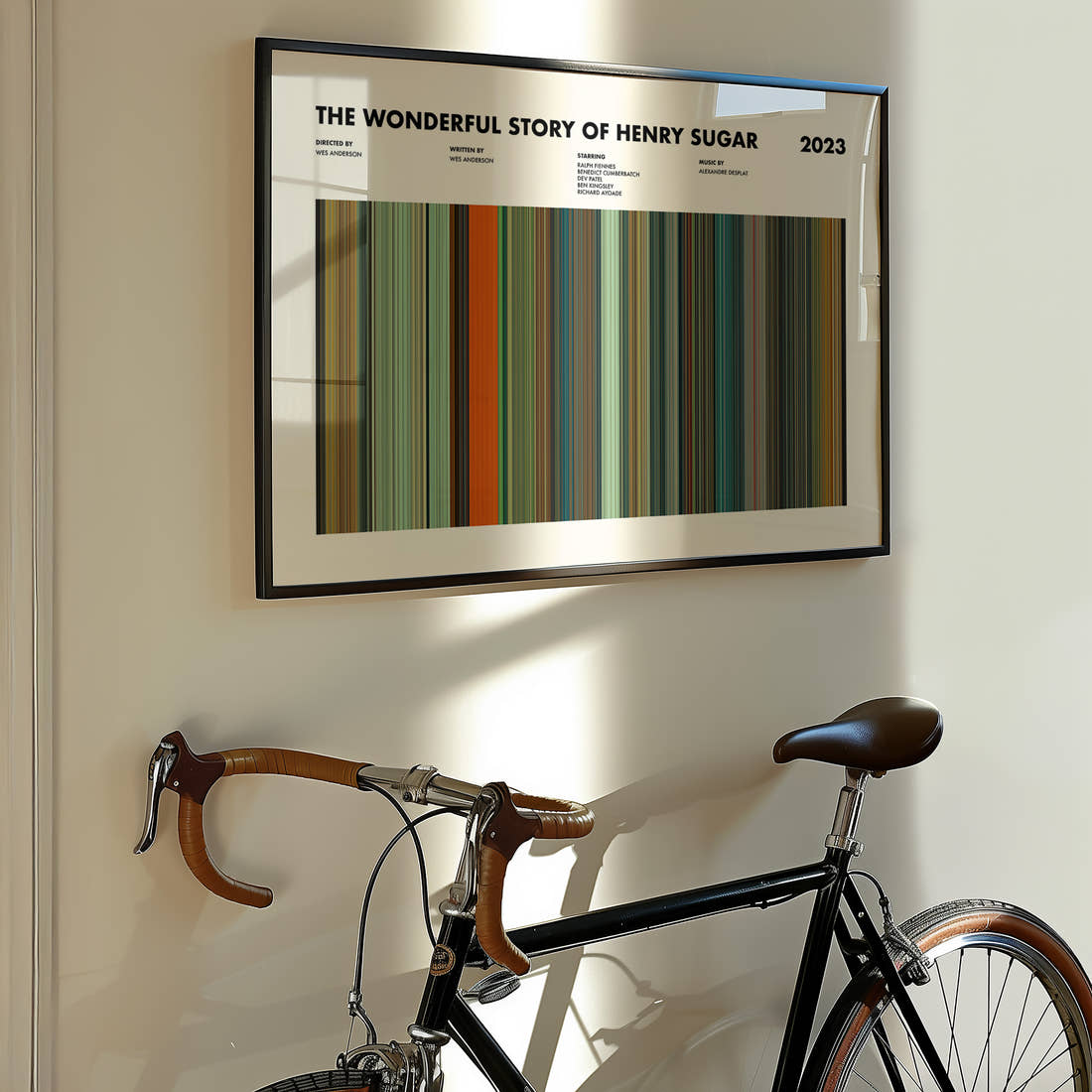 The Wonderful Story of Henry Sugar Movie Barcode Poster framed on the wall of a styled room setting