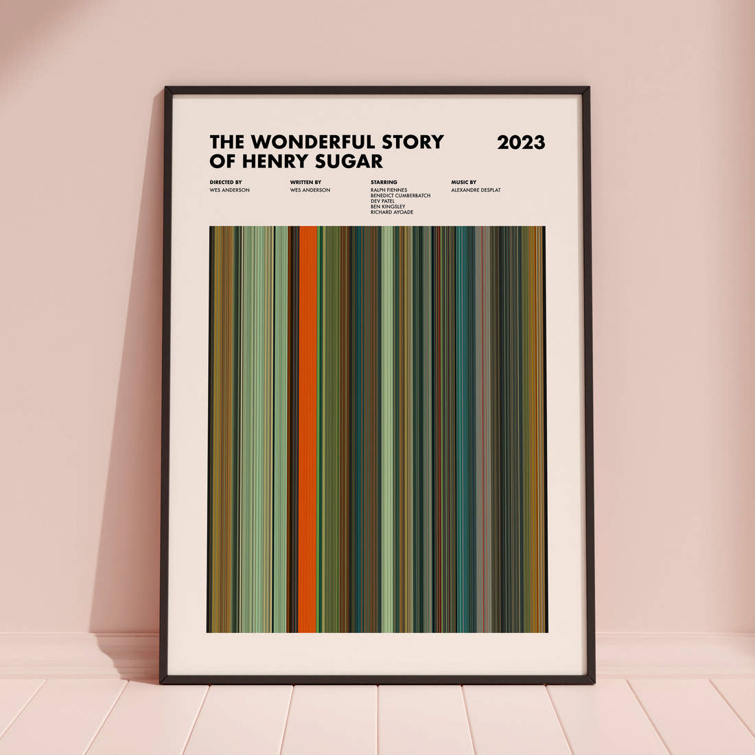 The Wonderful Story of Henry Sugar Movie Barcode Poster framed and leaning against a coloured wall