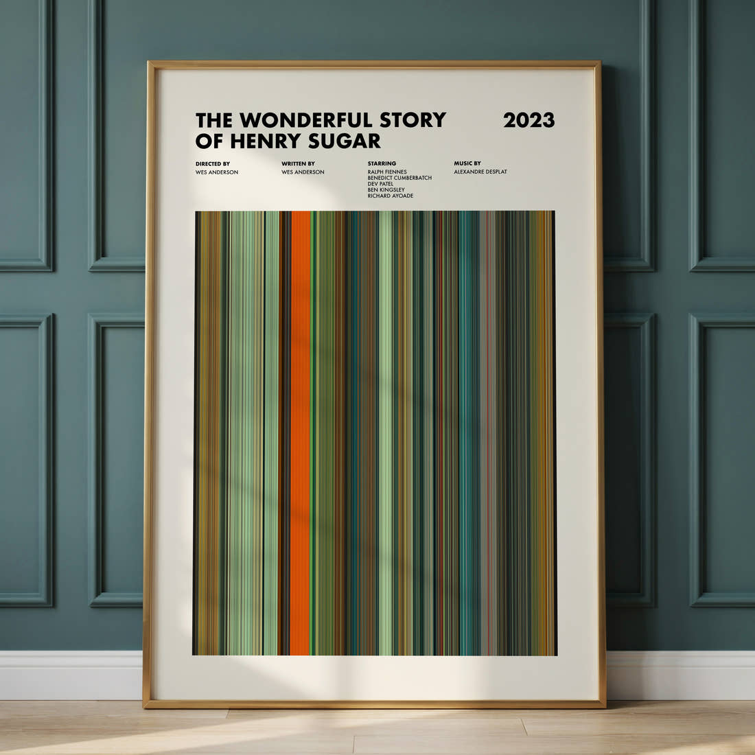 The Wonderful Story of Henry Sugar Movie Barcode Poster framed and leaning against a panelled wall
