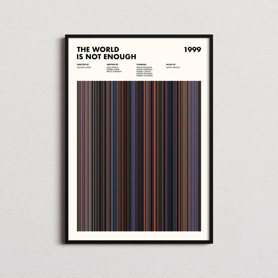 The World Is Not Enough Movie Barcode Poster framed on a plain studio wall