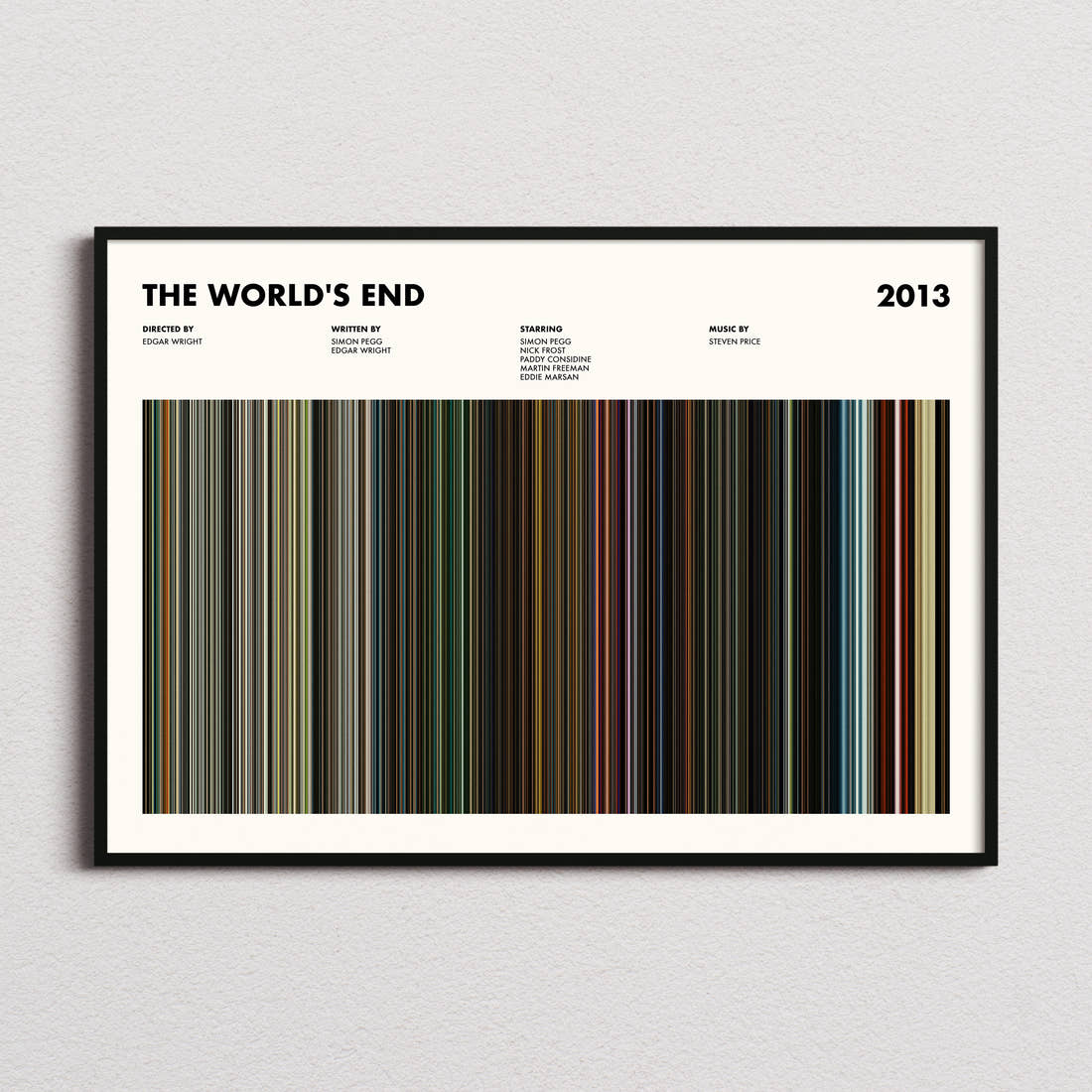 The World's End Movie Barcode Poster framed and photographed straight on