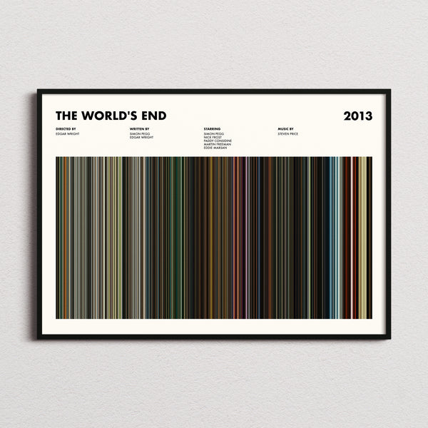 The World's End Movie Barcode Poster framed and photographed straight on